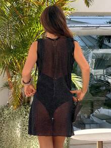 Swim Vcay 女士褶皱透视闪亮性感沙滩罩衫，显瘦，休闲，假日畅销款 - 黑色 - 查看 2