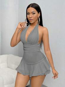 SHEIN SXY Bộ áo liền quần không tay hở lưng, xếp ly, màu trơn, kiểu cổ yếm, gợi cảm. - Xám - Xem 5