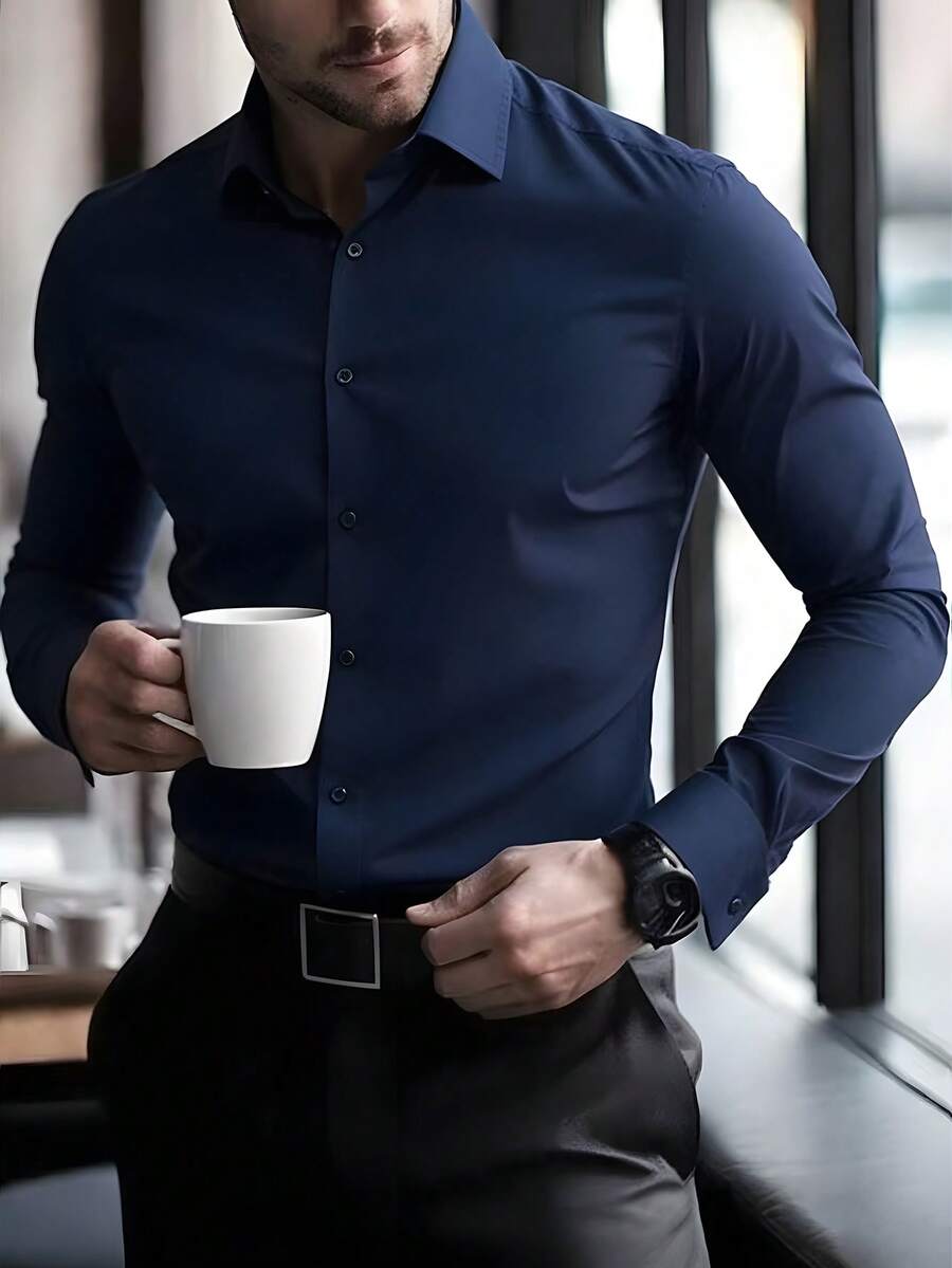 Manfinity Mode Elegant Men's Navy Blue Long Sleeve Shirt Collar Polyester Blouse Regular Length Business Casual Men Shirt Navy Blue Dress Shirt Men Slim Fit Dress Shirt Men Men Black Dress Shirts - Navy Blue - View 1