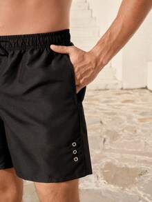 Manfinity VDAYZ Men's Solid Color Elastic Waist Drawstring Loose Casual Beach Shorts, Summer Couple Bathing Suit Set Matching Swim Set Him And Her Swimwear Couple Swimsuit Couple Boyfriend And Girlfriend Matching Swimsuits - Black - View 7