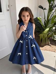 SHEIN Elladie kids 花园女孩夏季新款时尚Polo领露背吊带束腰甜美百搭度假水洗牛仔连衣裙，少女正式连衣裙 - 深色水洗藍 - 查看 3