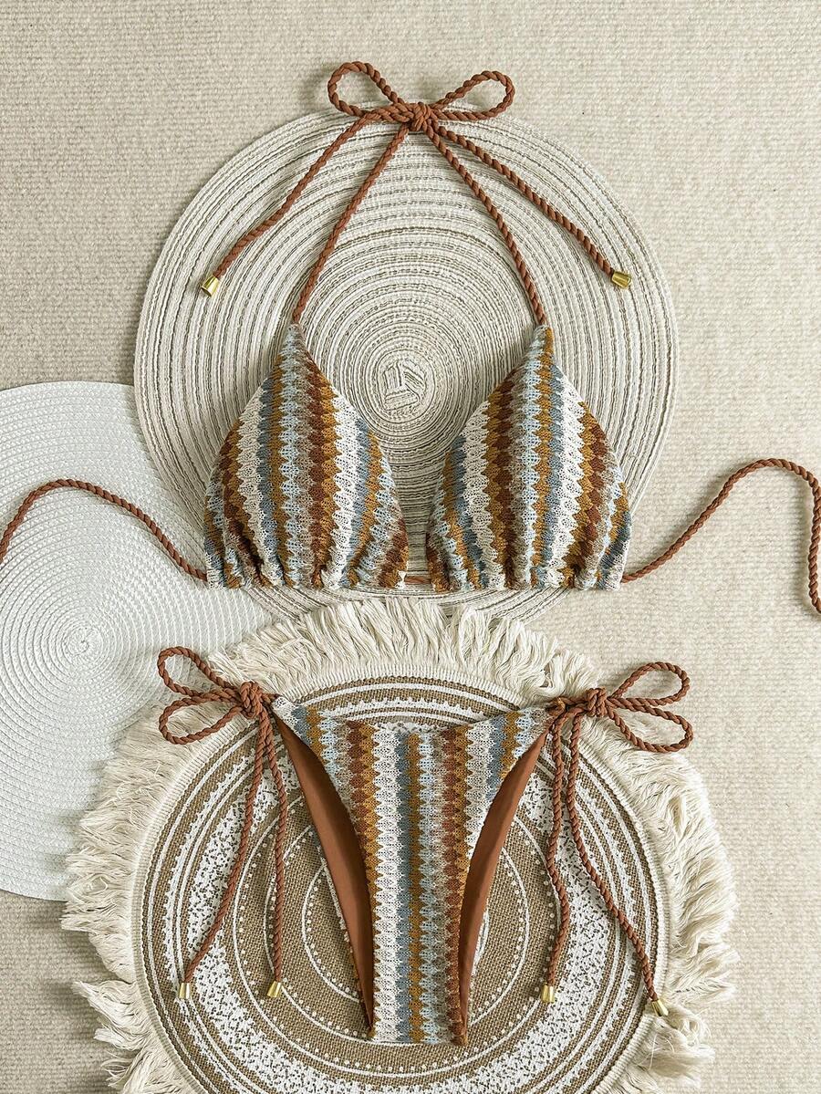 Swim Vcay Summer Women 2pcs Crochet Knitted Rope Halter Neck Triangle Bikini Set With Side Tie Swim Shorts - Multicolor - View 1