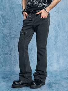 ROMWE MEN Men's Metal Rivet Layered Denim Jeans - Brown - View 7