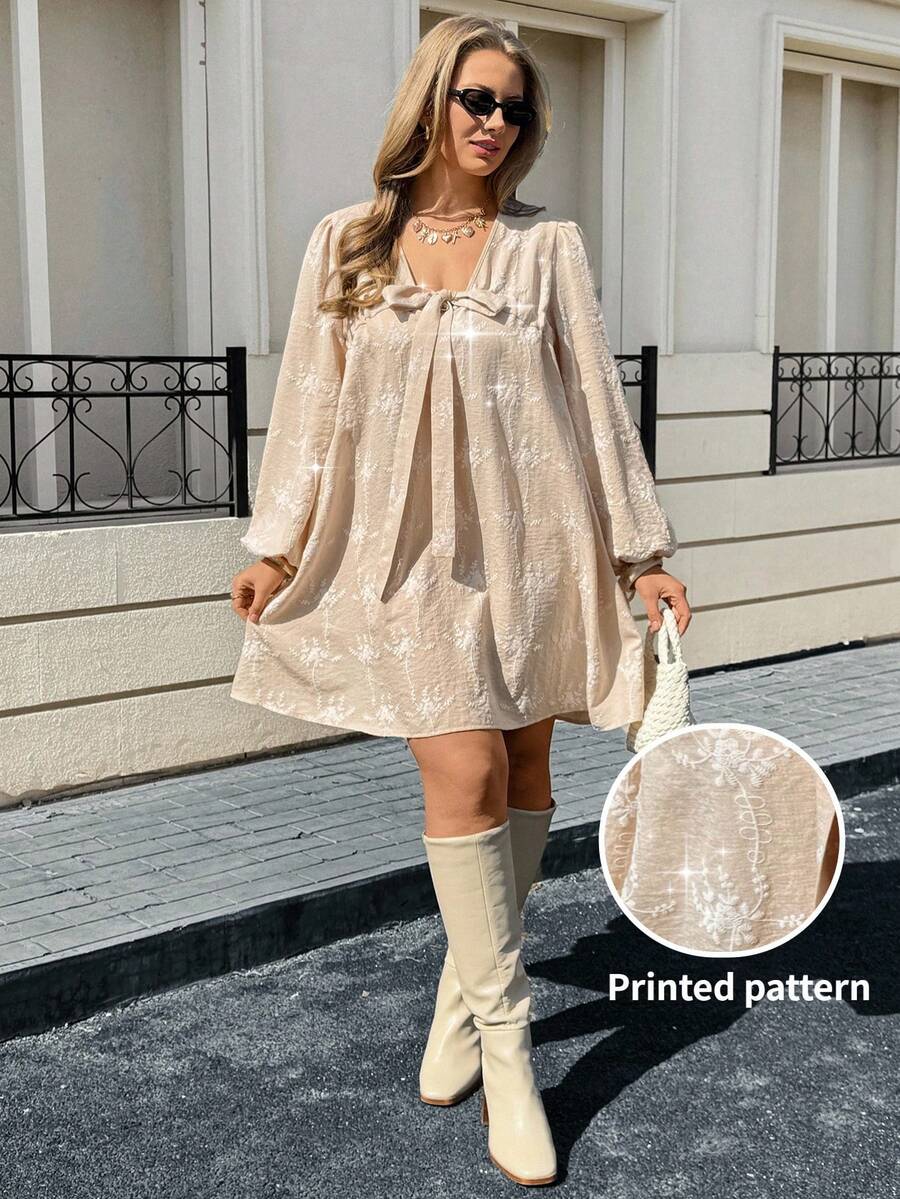 Lounesse Plus Size Women Floral Embroidery Knot Design Casual Everyday Dress With Lantern Sleeves Beige Dress Long Sleeve Summer Dresses French Style Dress Cottagecore Dress Spring Outfit Women Spring Dress For Women - White - View 1