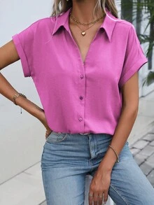 Wandoria Women's Solid Color Minimalist Short Sleeve Shirt, Casual Everyday Wear - Pink - View 7