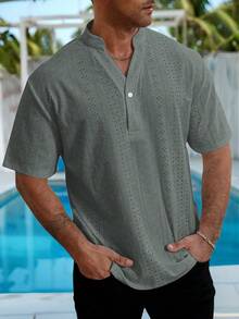 Manfinity RSRT 加大码男士休闲纯色翻领衬衫，夏季男士钩针衬衫 - 灰色 - 查看 5
