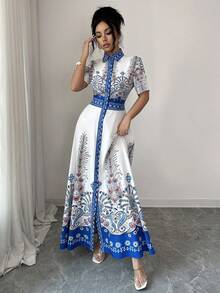 Elenzga Women's Elegant Casual Symmetrical Dragon & Phoenix Print Blue Waist Flare Dress, Suitable For Autumn/Winter Party, New Year, Christmas, Valentine's Day, Halloween Casual Wear - Blue - View 3