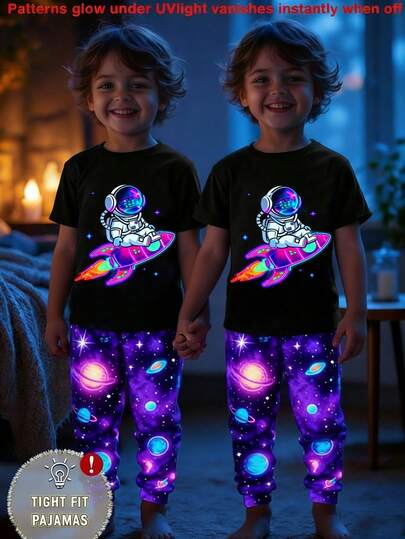 Bubblio Conjunto de pijama informal de ajuste ceñido con cuello redondo y manga corta con estampado de astronauta y universo, adecuado para todas las estaciones