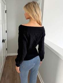 Sydney Algeri 浪漫厚针织 Z 字纹深灰色露肩灯笼袖套头毛衣 - 黑色 - 查看 2