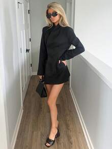 Sydney Algeri 修身收腰漏斗领长袖西装裙，秋冬季休闲外出日常性感可爱舒适派对优雅之选 - 黑色 - 查看 5