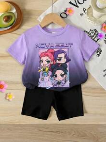 SHEIN 2件套女婴针织可爱渐变色圆领T恤和短裤套装 - 彩色 - 查看 4