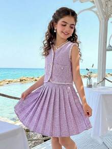 SHEIN 女童无袖蝴蝶结开衫上衣和百褶裙优雅夏季套装 - 紫色 - 查看 2