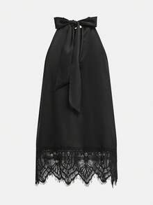 Maija Women's Black Halter Neck Lace Patchwork Tie-Up Camisole Black Top Women Blouses Black Party Top Lace Trim Top Valentine's Day Elegant Women's Blouses Vacation Outfits Women Spring To Summer - Black - View 8