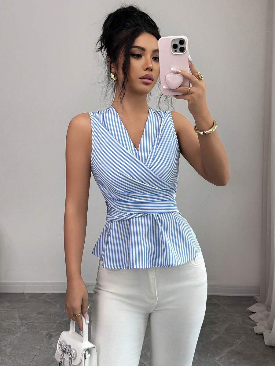 Rafferiza Top sin mangas elegante y de moda con escote en V, lazo y espalda descubierta para mujer, primavera/verano - Azul y blanco - Ver 1