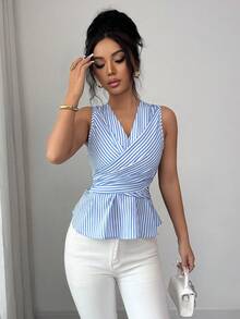 Rafferiza Top sin mangas elegante y de moda con escote en V, lazo y espalda descubierta para mujer, primavera/verano - Azul y blanco - Ver 4