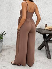 SHEIN Summer Outfits Coffee Brown Halter-Neck Ham Jumpsuit For Pregnant Women, Made Of High-Elastic Knit Fabric.  Maternity Solid Color Pleated Casual Jumpsuit, Suitable For Daily, Vacation, Travel - Brown - View 3