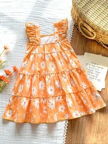Vintaside Kids Vestido de verano con volantes, estampado floral de margaritas y dobladillo escalonado para niña en vacaciones a la playa - Amarillo - Ver 2