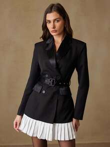 Revavyn New Elegant Women Fitted Colorblock Satin Hem Pleated Waist Blazer Jacket - Black - View 1