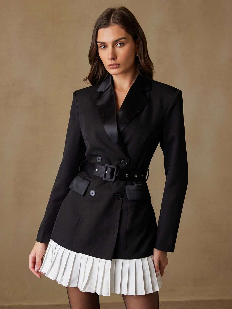 Revavyn New Elegant Women Fitted Colorblock Satin Hem Pleated Waist Blazer Jacket - Black - View 1