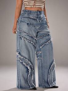Jeanoix Quần jeans ống đứng dáng rộng, rách gấu, cỡ lớn, kiểu dáng thường ngày. - Màu xanh lam - Xem 5