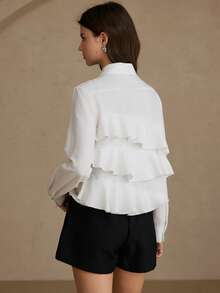 Aveloria Rosie 时尚不对称荷叶边设计白色长袖休闲衬衫 - 白色 - 查看 2