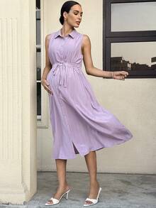 MaterniWear Maternity Single-Breasted Casual Waist Tie Sleeveless Shirt Dress - Purple - View 3