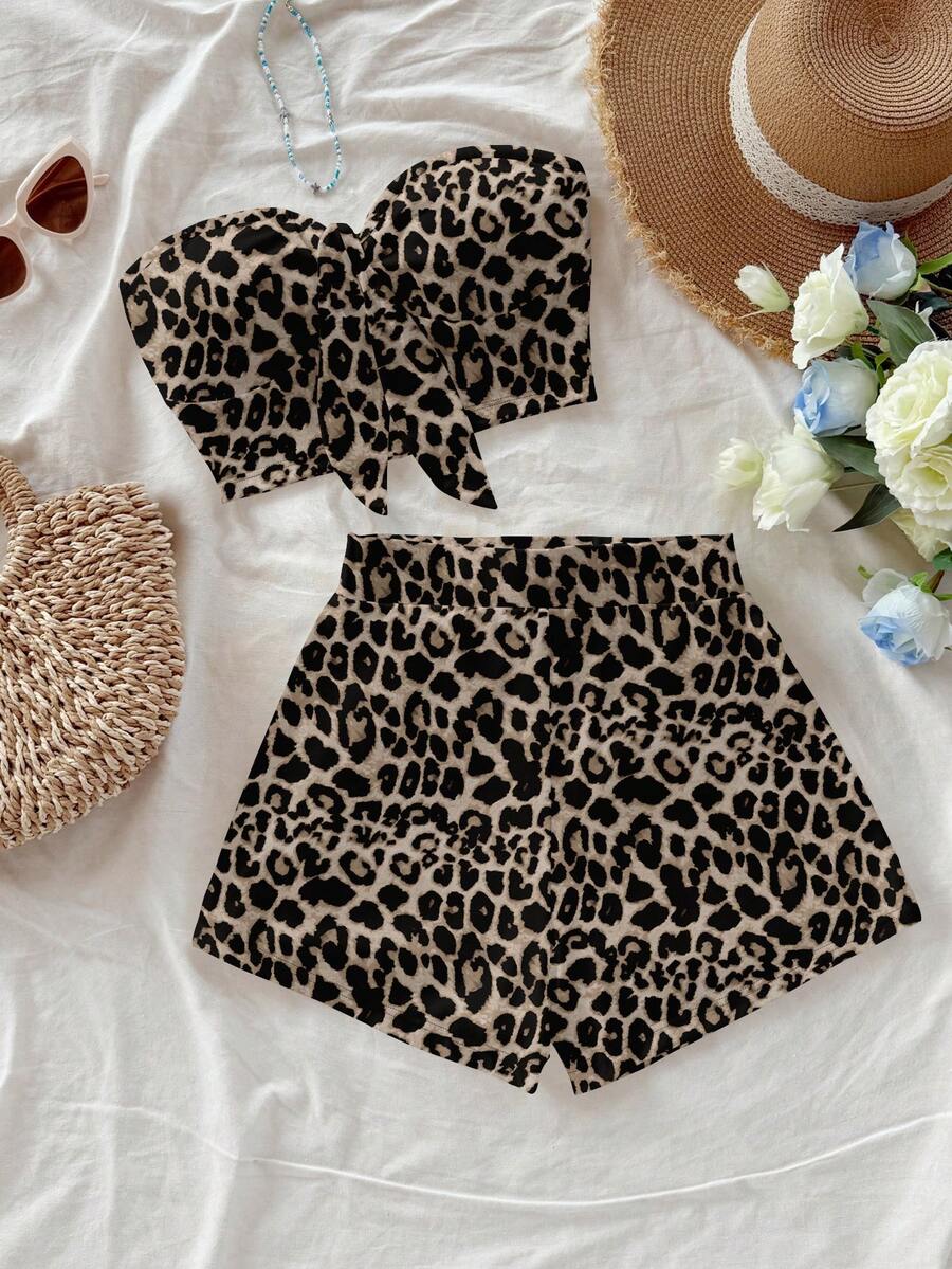 Soleia Bộ đồ 2 món dành cho nữ, kiểu dáng thường ngày, họa tiết da báo, gồm áo quây và quần short. - Nhiều màu - Xem 1