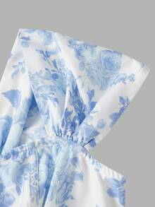 SHEIN MOD Đầm ngắn trễ vai in hoa lãng mạn cỡ lớn dành cho nữ, đầm dự tiệc trà, đầm mini trắng dành cho nữ, đầm dự đám cưới, đầm tốt nghiệp dành cho nữ. - Xanh và trắng - Xem 6
