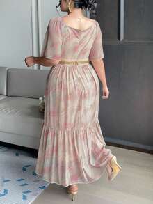 Dazy Plus Plus Size Women's Tie-Dye Raglan Ruffle Sleeve Waist Cinched Elegant Midi Dress Sundress - Baby Pink - View 6