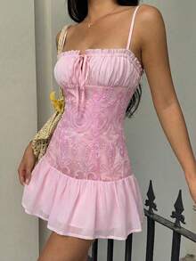 SHEIN EZwear Women's Light Pink Embroidered Patchwork Mini Slip Dress, Spring/Summer - Baby Pink - View 4