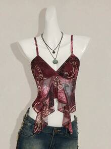 SHEIN ICON Spaghetti Strap V-Neck Ruffle Trim Fitted Summer Fashion Tank Top - Burgundy - View 4