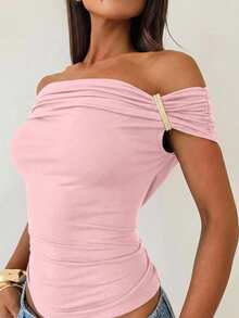 Aloruh 女士优雅纯色褶皱露肩修身T恤，夏季 - 淺粉色 - 查看 8