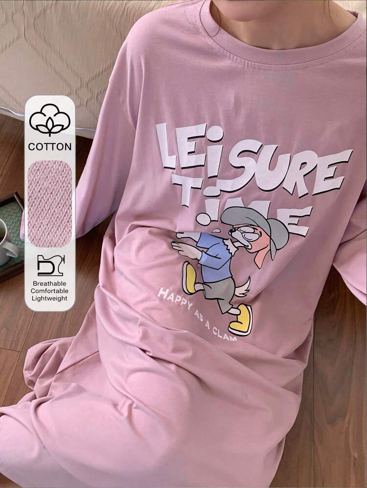 Dazy Plus Plus Size Women Cartoon Print Loose Fit Crew Neck Long Sleeve Nightgown, Comfortable Home Dress For Spring & Autumn