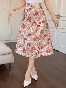 DAZY High-End French Regal Style Metallic Jacquard High Waist A-Line Skirt For Women - Red - View 3