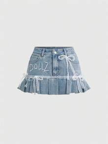 ROMWE Kawaii Chân váy mini denim cạp thấp thêu nơ dễ thương dành cho nữ - Rửa nhẹ - Xem 1