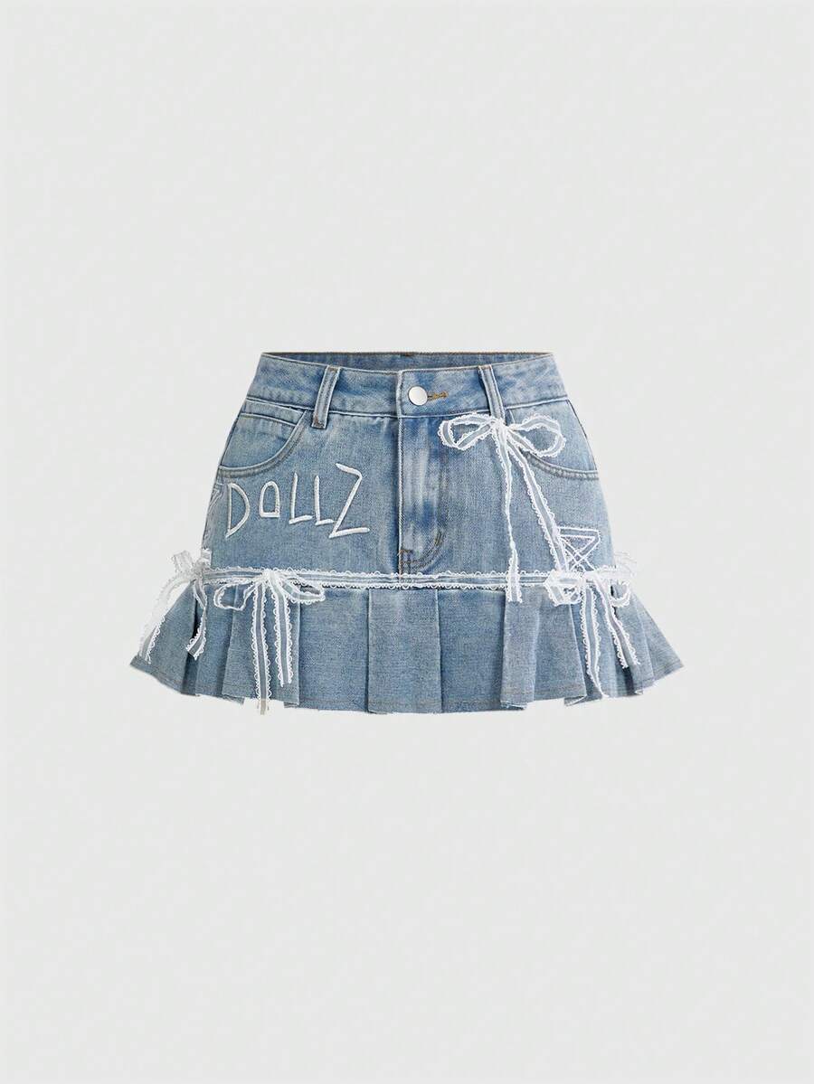 ROMWE Kawaii Chân váy mini denim cạp thấp thêu nơ dễ thương dành cho nữ - Rửa nhẹ - Xem 1