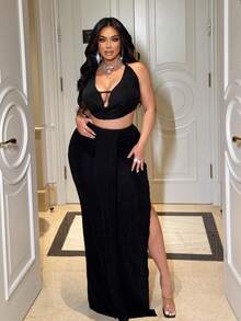 NU&NOW Plus Size Backless Halter Neck Sexy Top And Long Skirt 2 Pieces Set - Black - View 4