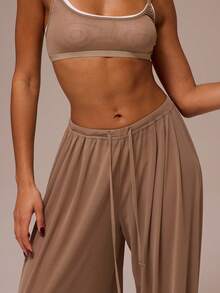 MUSERA ESSENTIALS Drawstring Wide Leg Sheer Mesh Trouser Winter Spring Night Out Sexy Cute Mesh Fitted Essential - Camel - View 5