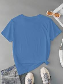 INAWLY Plus Size Summer Casual Letter Print Short Sleeve T-Shirt - Blue - View 2