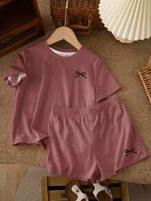 SHEIN Leap Crew 2pcs/Set Teen Girl Casual Minimalist Bow Decor Round Neck Short Sleeve T-Shirt And Shorts Set, Suitable For Spring/Summer - Multicolor - View 4