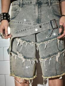 ROMWE MEN Street Life Men's Casual Frayed Hem Denim Shorts - Grey - View 4