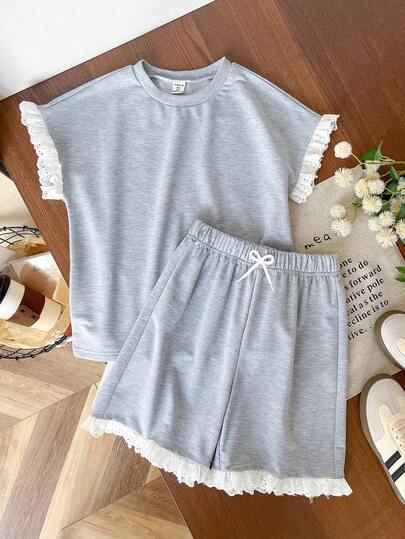 Genkimix Kids 2pcs/Set Summer Floral Grey Knit Round Neck Raglan Sleeve Top & Shorts Set, With Ruffle Trim On Sleeve Cuffs And Hem, Suitable For Teenage Girls Summer Outfit