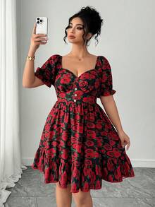 Elenzga 情人节加大码女士优雅浪漫印花褶皱纽扣腰带中长连衣裙，情人节 - 紅色 - 查看 8