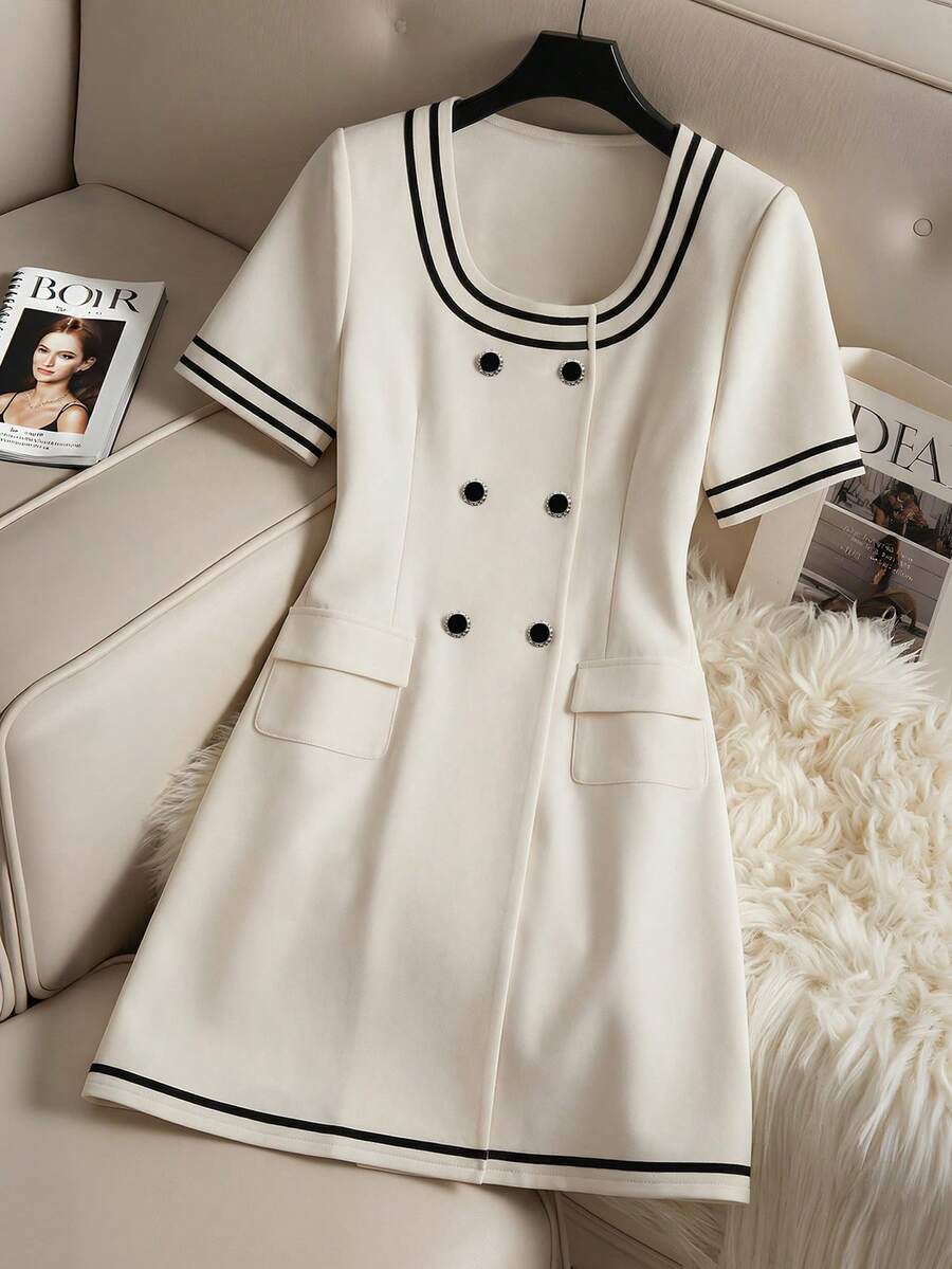 SHEIN Franclia 女士短袖连衣裙，撞色领，黑色滚边，双排扣设计 - 杏色 - 查看 1