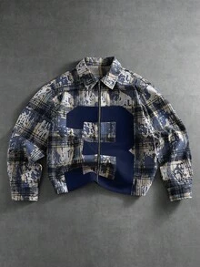 PAVTROS Camisa Xadrez Vintage Masculina, Folgada, Grunge, Manga Longa, Streetwear Camisa Boxy de Manga Longa com Zíper na Frente, Reinterpretação Retrô, Padrão Xadrez Clássico e Desgastado, Acentos Numéricos Minimalistas, Marcante e Moderno, Fusão de Estilos Contemporâneos e Vintage, Adequado para Casual, Streetwear, Outdoor, Festas Temáticas, Looks de Moda, Presentes de Férias, Presentes para Namorado/Marido - Azul Marinho - Visão 4