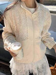 Livesso 蕾丝拼接休闲高领女式常规外套 - 米色 - 查看 8