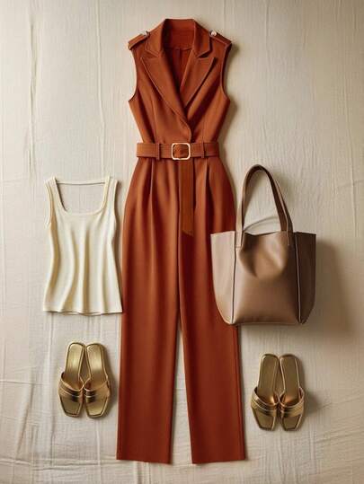 Franclia 时尚优雅的无袖连体裤，腰部饰有金属装饰