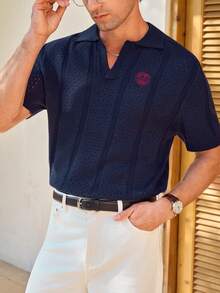 Manfinity CityGents Men's Summer Vacation Embroidered Detail Short Sleeve Knit Top - Navy Blue - View 5