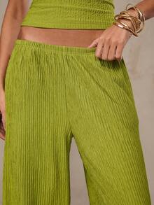 SHEIN BAE Olive Green Textured Woven Low Waist Elastic Waist Pocket Wide Leg Pants, Suitable For Beach, Summer, Casual - Olive Green - View 7