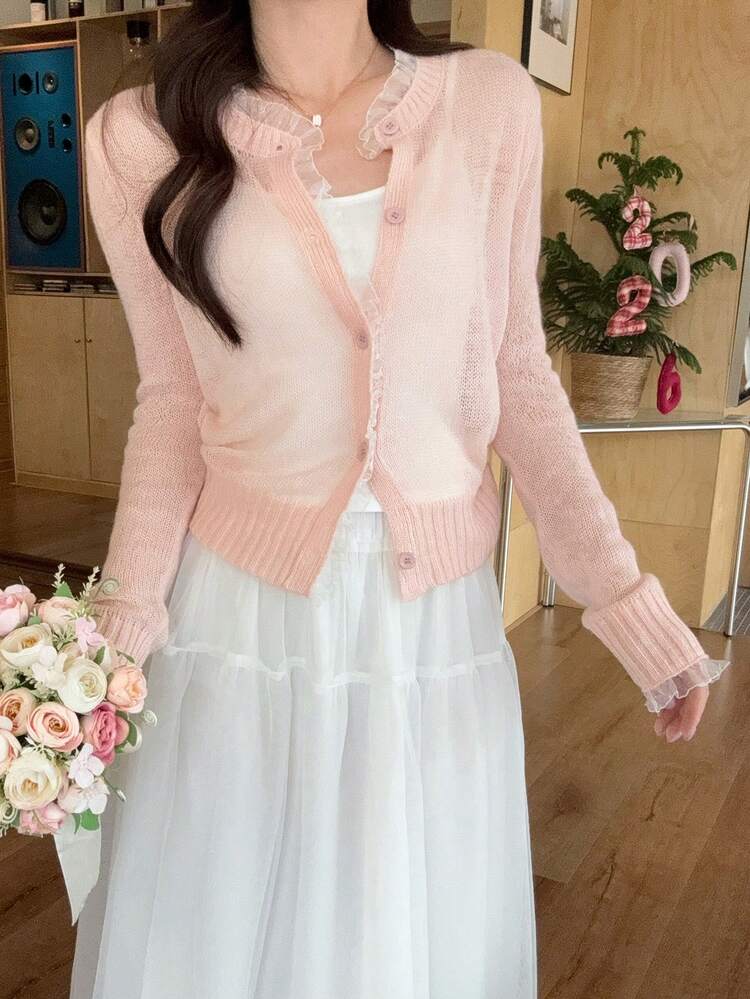 Women's Pink Soft & Sweet Ruffled Hem Korean Style Long Sleeve Knit Sweater